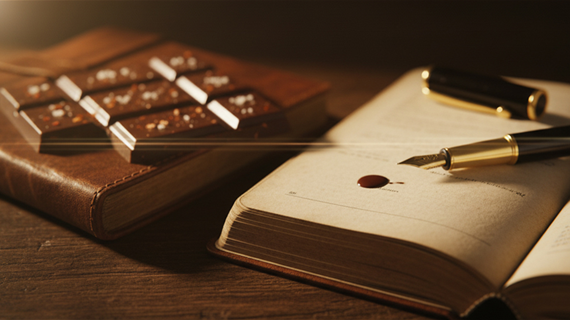Conceptual brand world for Scribe & Meridian, showing artisanal chocolate on a writer's journal.